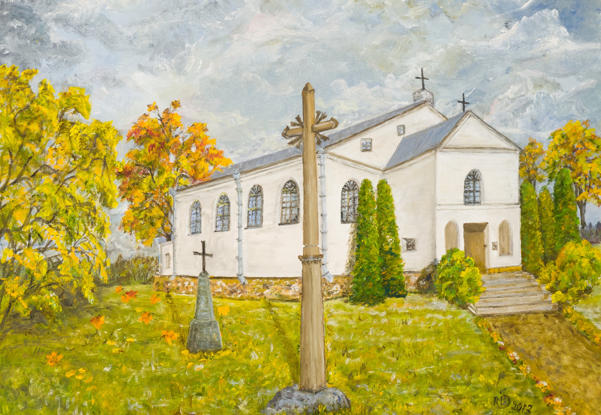 Paveikslas 'Skapiškio Šv. Hiacinto (Jackaus) bažnyčia', 2013 m. Kartonas, aliejus, drobė.
